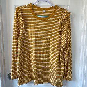 Yellow and white striped T-shirt with ruffle on shoulder